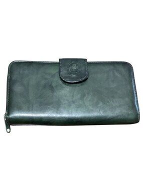 Vtg Echt Prym Green Leather Wallet Billfold Top Grain Leather Heraldic 7.5 X 4